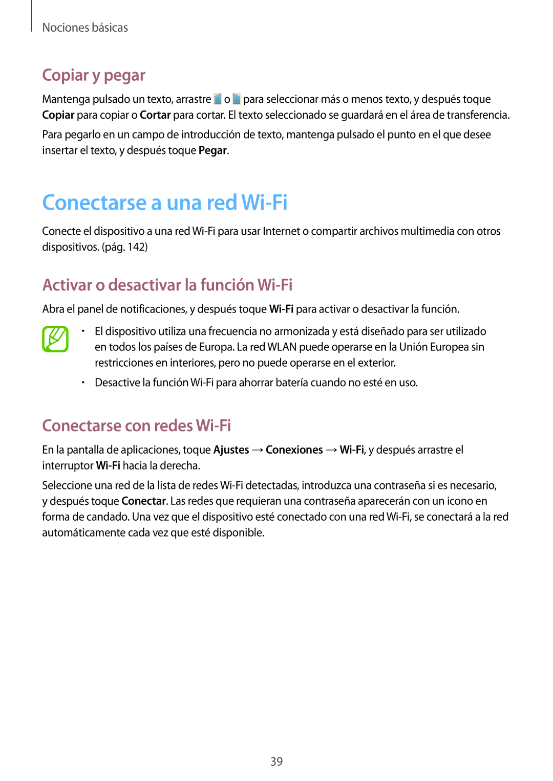 Samsung SM-C1010ZWAPHE, SM-C1010ZKAPHE Conectarse a una red Wi-Fi, Copiar y pegar, Activar o desactivar la función Wi-Fi 