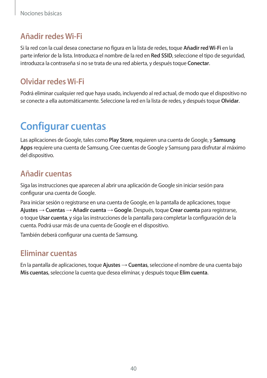 Samsung SM-C1010ZKAPHE manual Configurar cuentas, Añadir redes Wi-Fi, Olvidar redes Wi-Fi, Añadir cuentas, Eliminar cuentas 