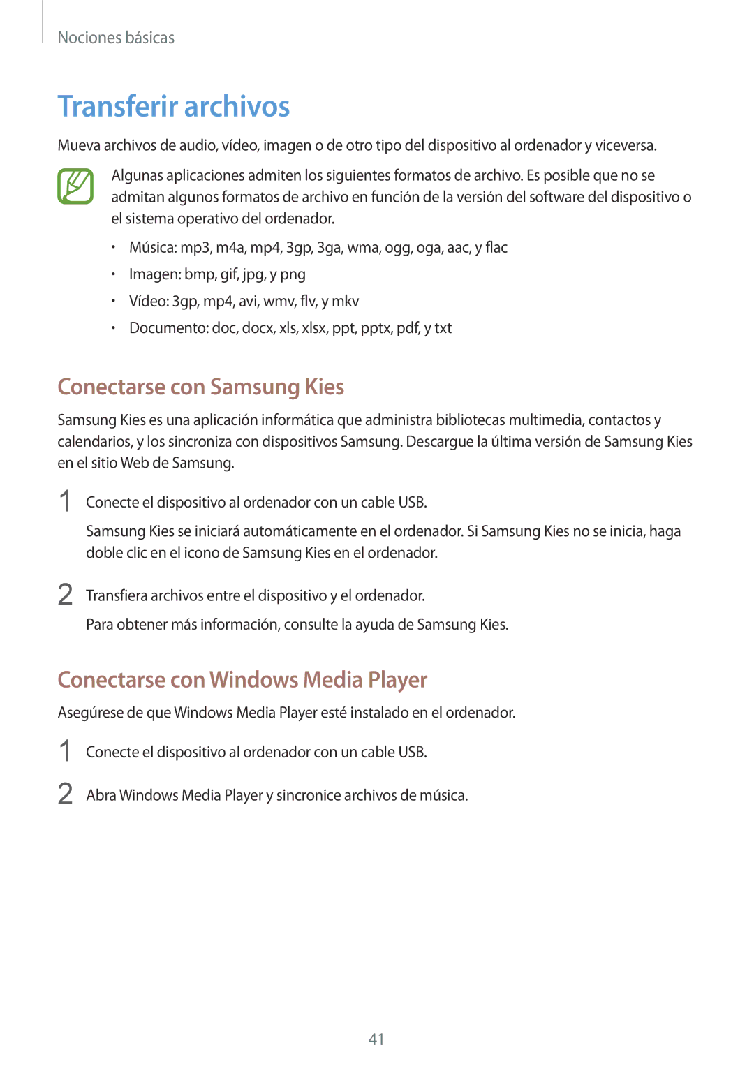 Samsung SM-C1010ZWAPHE manual Transferir archivos, Conectarse con Samsung Kies, Conectarse con Windows Media Player 