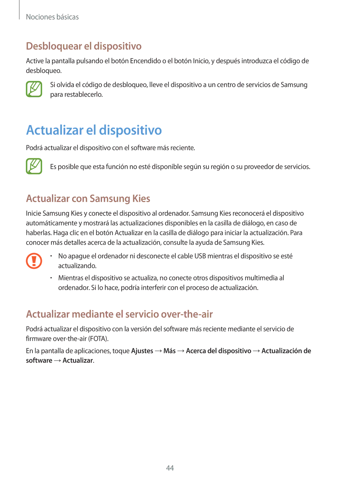 Samsung SM-C1010ZKAPHE, SM-C1010ZWAPHE Actualizar el dispositivo, Desbloquear el dispositivo, Actualizar con Samsung Kies 