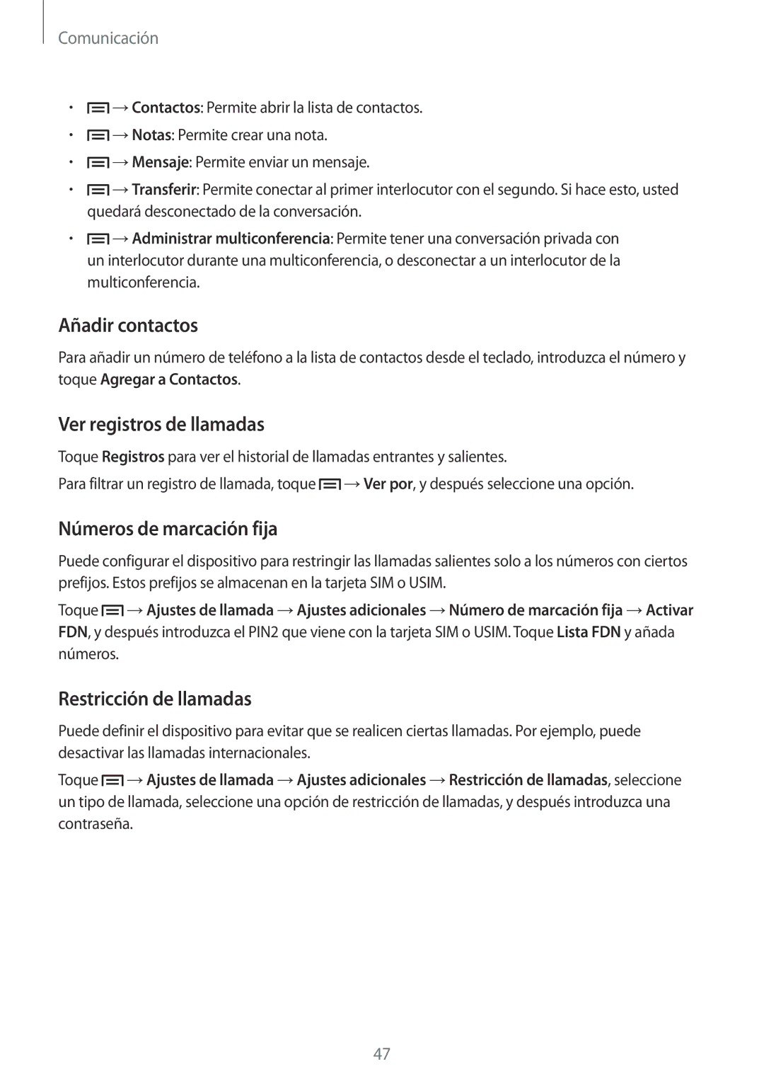 Samsung SM-C1010ZWAPHE Añadir contactos, Ver registros de llamadas, Números de marcación fija, Restricción de llamadas 