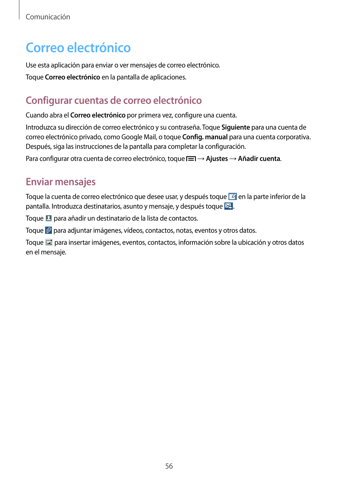 Samsung SM-C1010ZKAPHE, SM-C1010ZWAPHE manual Correo electrónico, Configurar cuentas de correo electrónico 