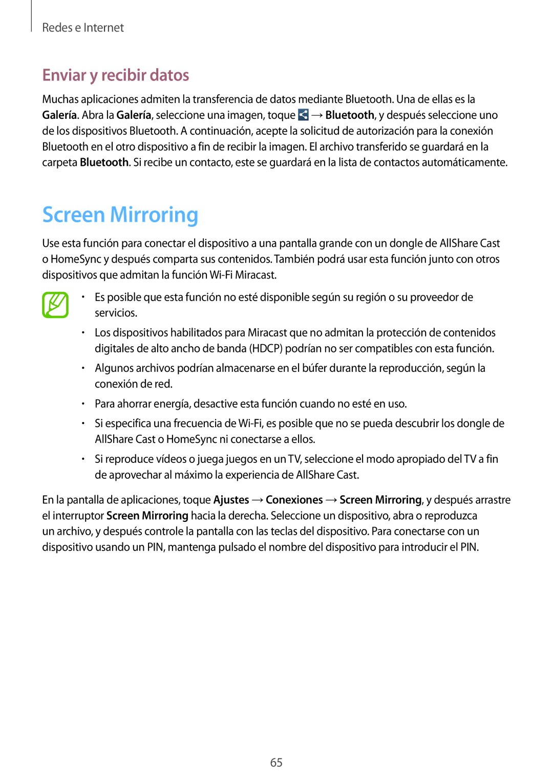 Samsung SM-C1010ZWAPHE, SM-C1010ZKAPHE manual Screen Mirroring, Enviar y recibir datos 