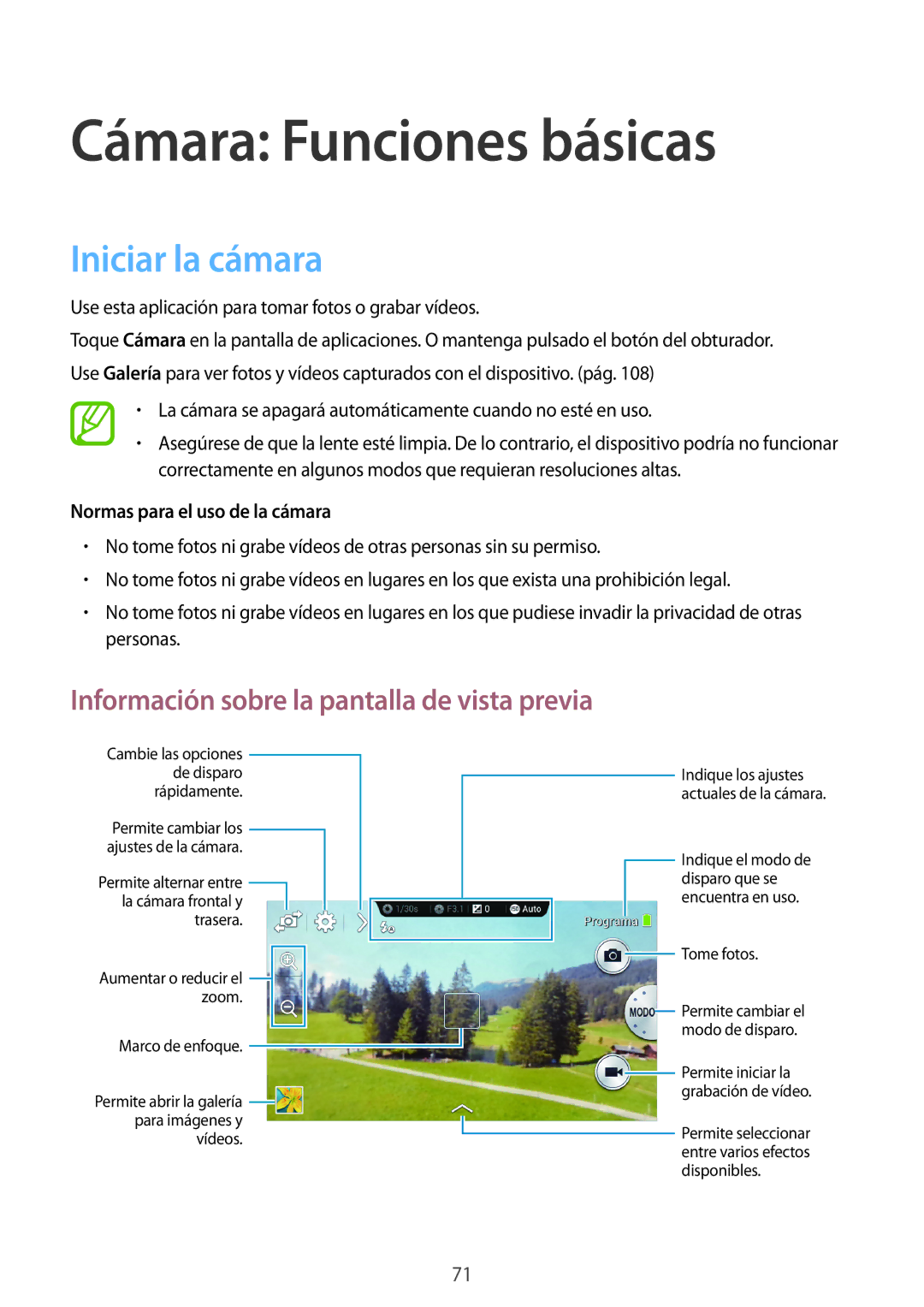 Samsung SM-C1010ZWAPHE, SM-C1010ZKAPHE manual Cámara Funciones básicas, Iniciar la cámara, Normas para el uso de la cámara 
