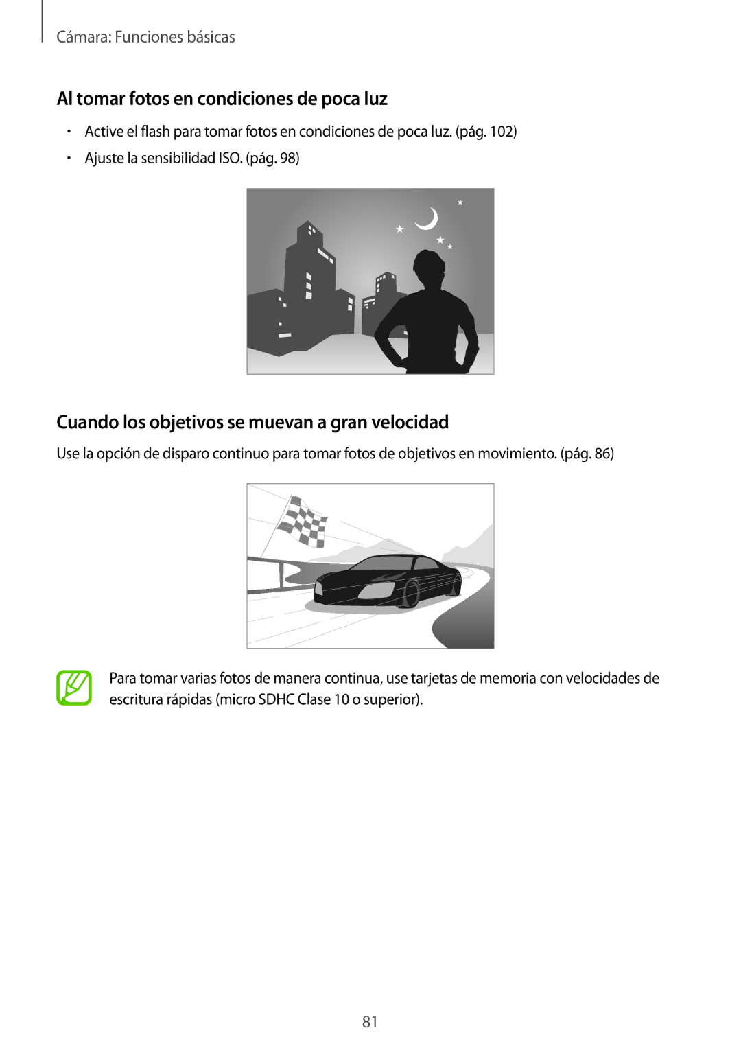 Samsung SM-C1010ZWAPHE manual Al tomar fotos en condiciones de poca luz, Cuando los objetivos se muevan a gran velocidad 