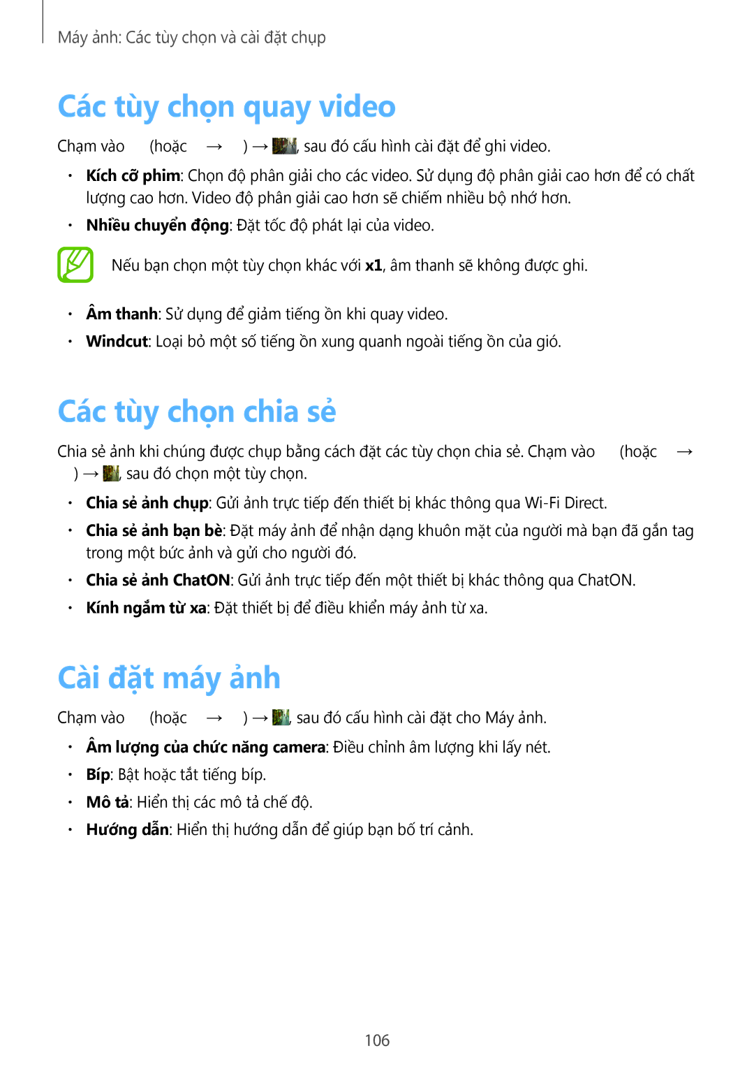 Samsung SM-C1010ZKAXEV, SM-C1010ZWAXEV manual Các tùy chọn quay video, Các tùy chọn chia sẻ, Cài đặt máy ảnh, 106 