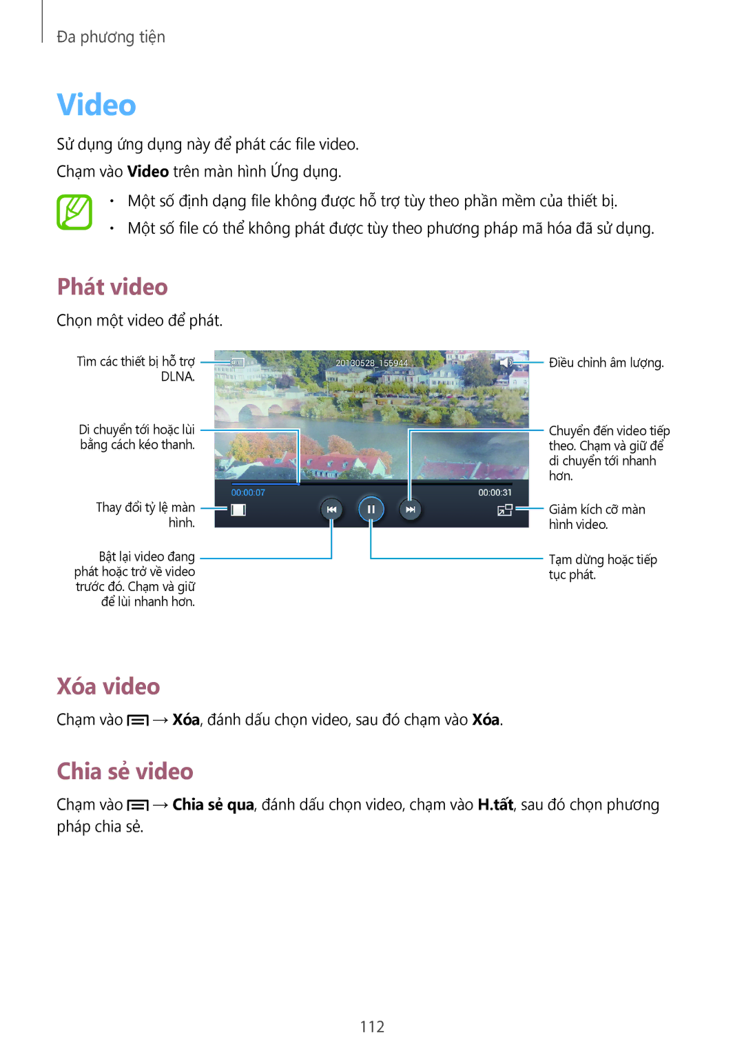 Samsung SM-C1010ZKAXEV, SM-C1010ZWAXEV manual Video, Xóa video, Chia sẻ video, 112 