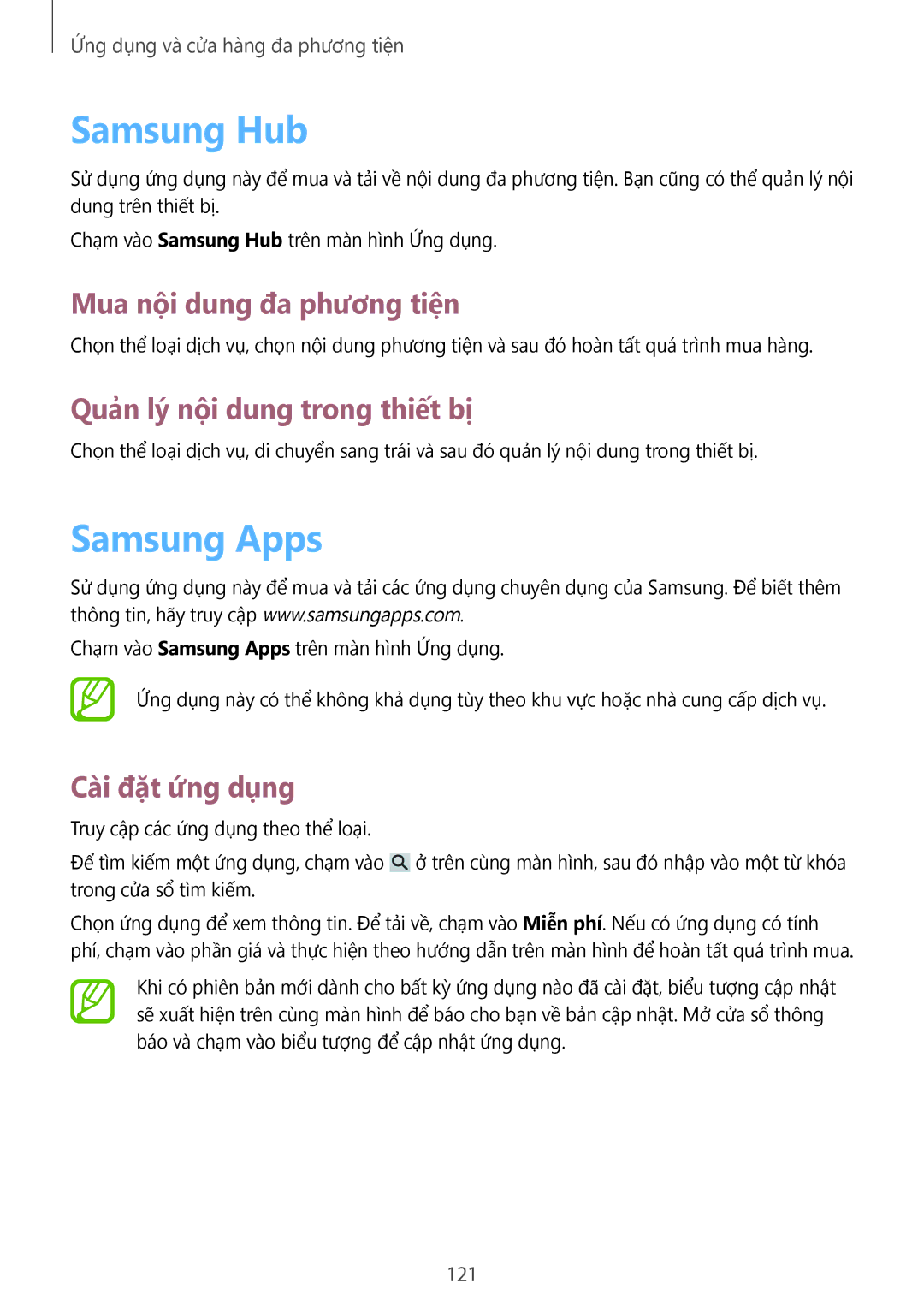 Samsung SM-C1010ZWAXEV manual Samsung Hub, Samsung Apps, Mua nội dung đa phương tiện, Quản lý nội dung trong thiết bị, 121 