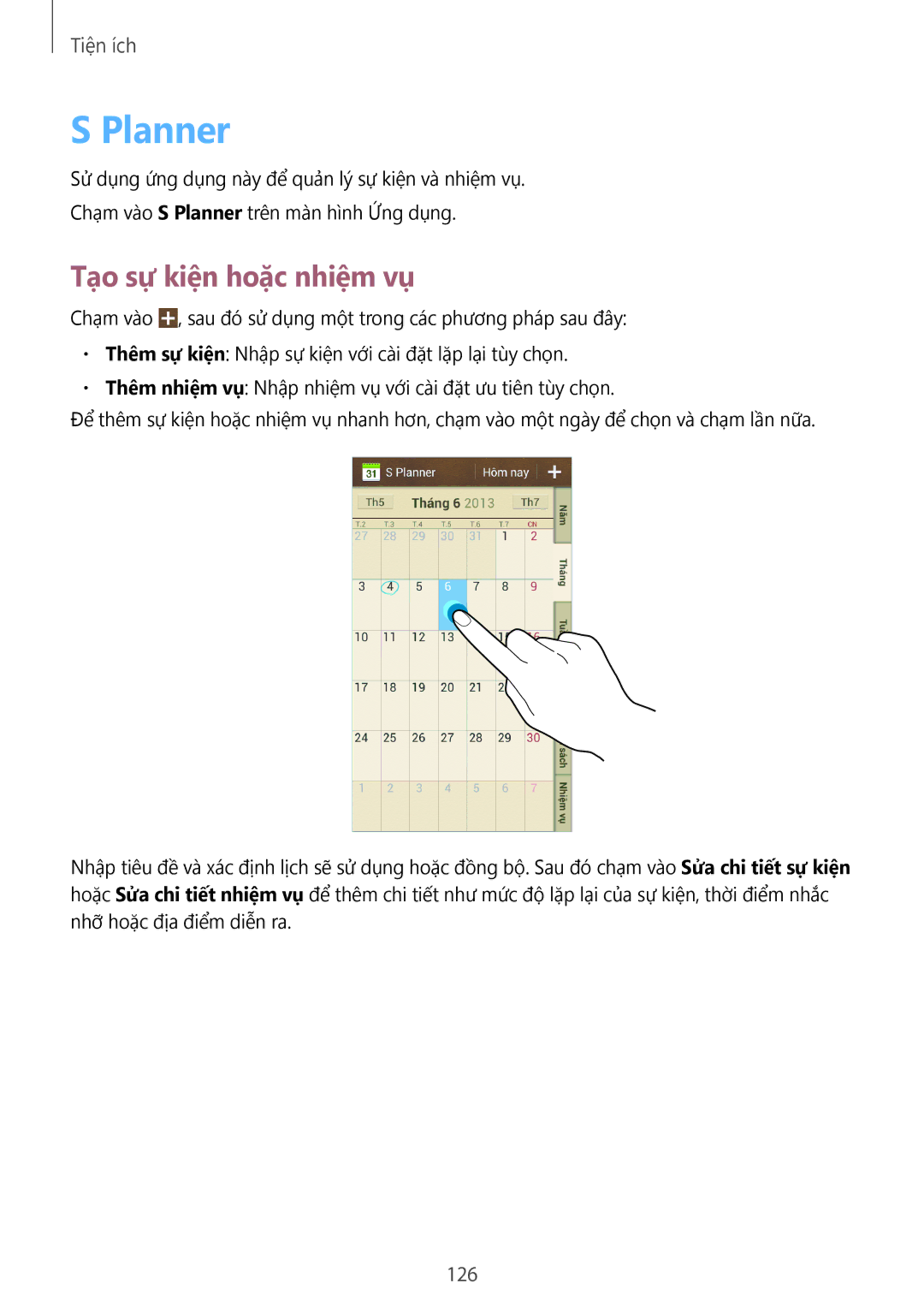 Samsung SM-C1010ZKAXEV, SM-C1010ZWAXEV manual Planner, Tạo sự kiện hoặc nhiệm vụ, 126 