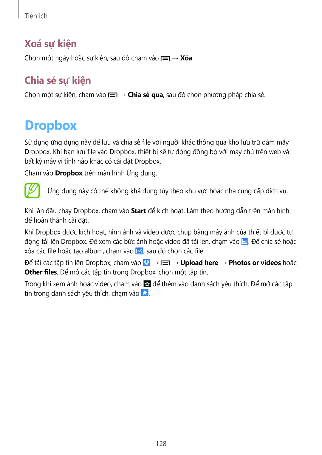 Samsung SM-C1010ZKAXEV, SM-C1010ZWAXEV manual Dropbox, Xoá sự kiện, Chia sẻ sự kiện, 128 
