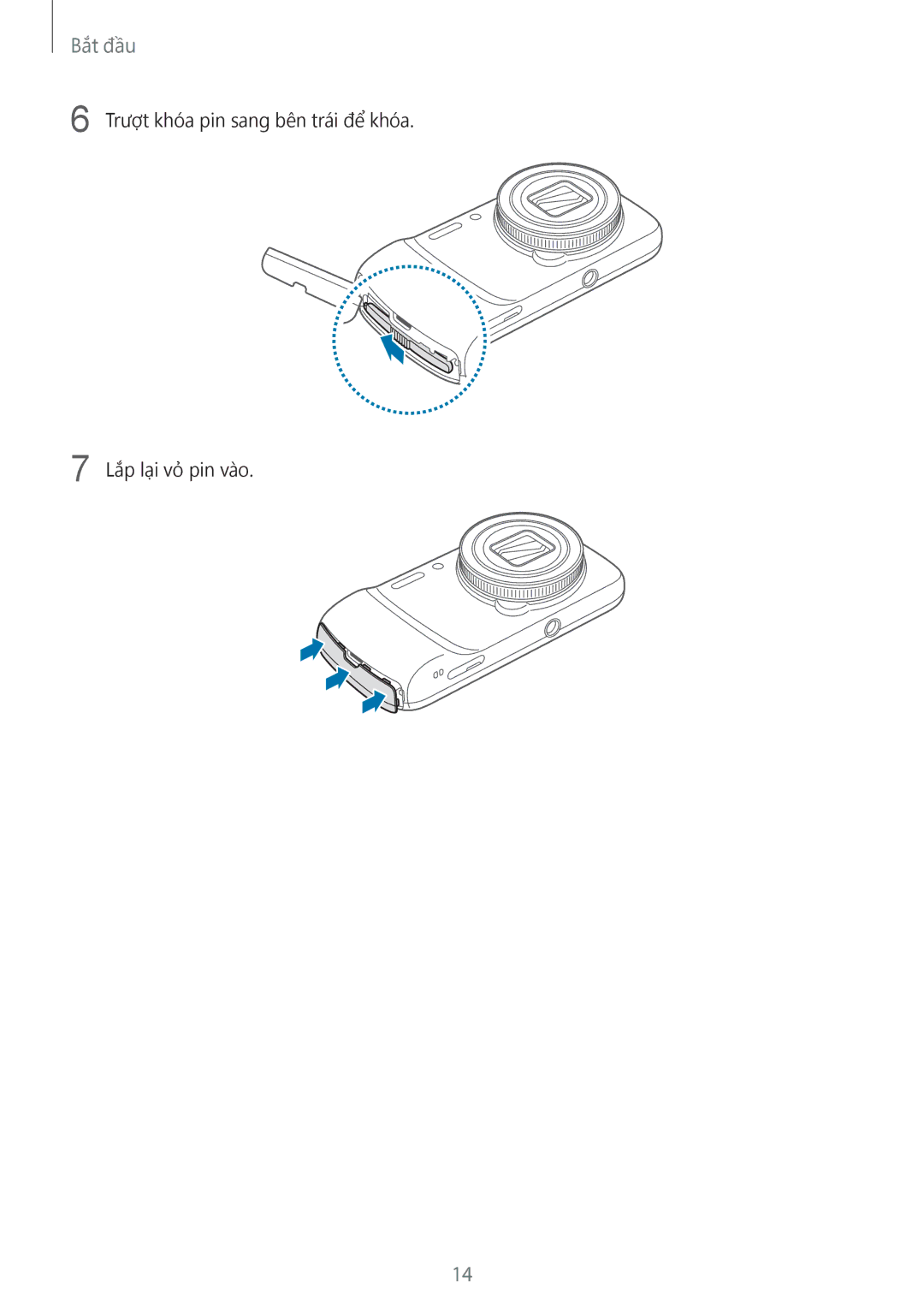 Samsung SM-C1010ZKAXEV, SM-C1010ZWAXEV manual Trượt khóa pin sang bên trái để khóa Lắp lại vỏ pin vào 