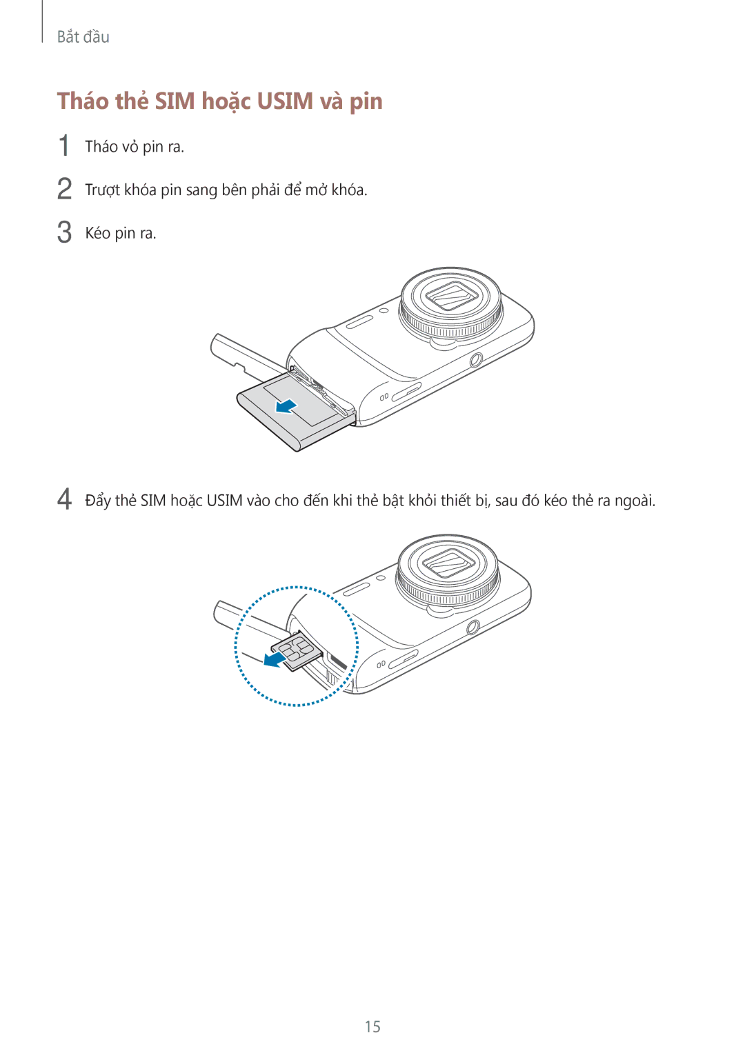 Samsung SM-C1010ZWAXEV, SM-C1010ZKAXEV manual Tháo thẻ SIM hoặc Usim và pin 