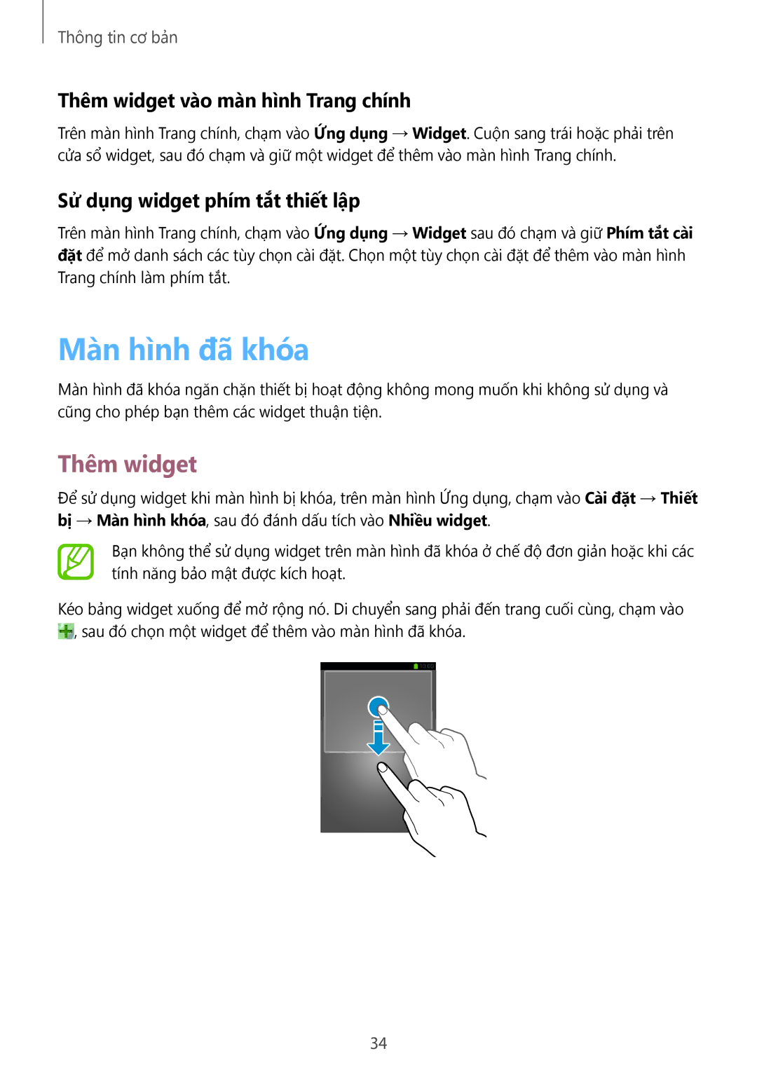 Samsung SM-C1010ZKAXEV manual Màn hình đã khóa, Thêm widget vào màn hình Trang chính, Sử dụng widget phím tắt thiết lập 