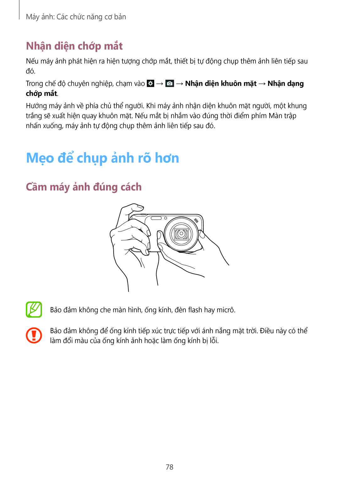 Samsung SM-C1010ZKAXEV, SM-C1010ZWAXEV manual Mẹo để chụp ảnh rõ hơn, Nhận diện chớp mắt, Cầm máy ảnh đúng cách 