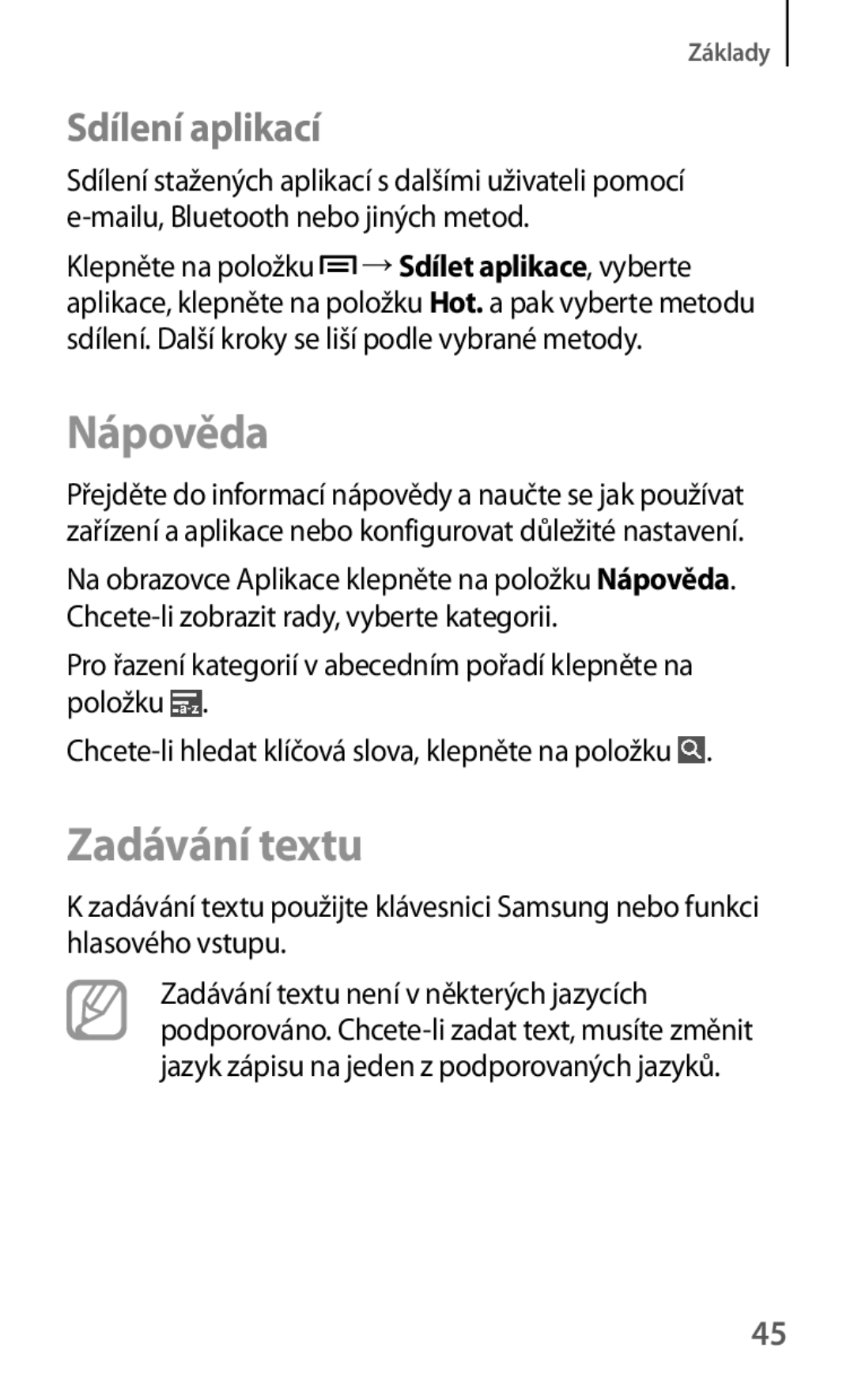 Samsung SM-C1010ZKAXSK, SM-C1010ZWAEUR, SM-C1010ZWABGL, SM-C1010ZKAATO manual Nápověda, Zadávání textu, Sdílení aplikací 