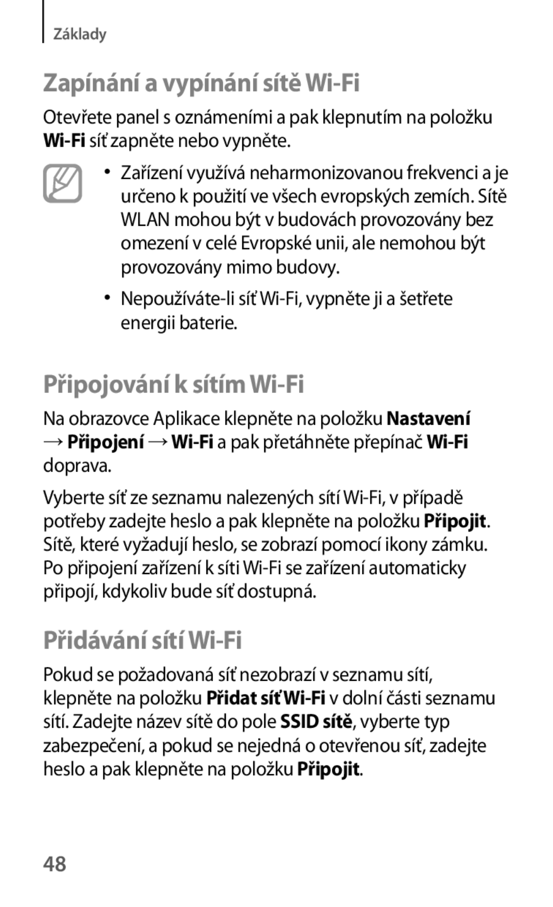 Samsung SM-C1010ZWAEUR, SM-C1010ZWABGL Zapínání a vypínání sítě Wi-Fi, Připojování k sítím Wi-Fi, Přidávání sítí Wi-Fi 