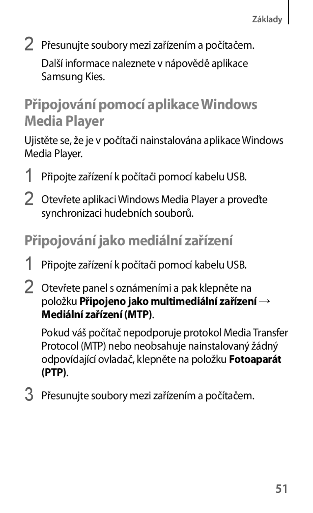 Samsung SM-C1010ZKAXEZ manual Připojování pomocí aplikace Windows Media Player, Připojování jako mediální zařízení 