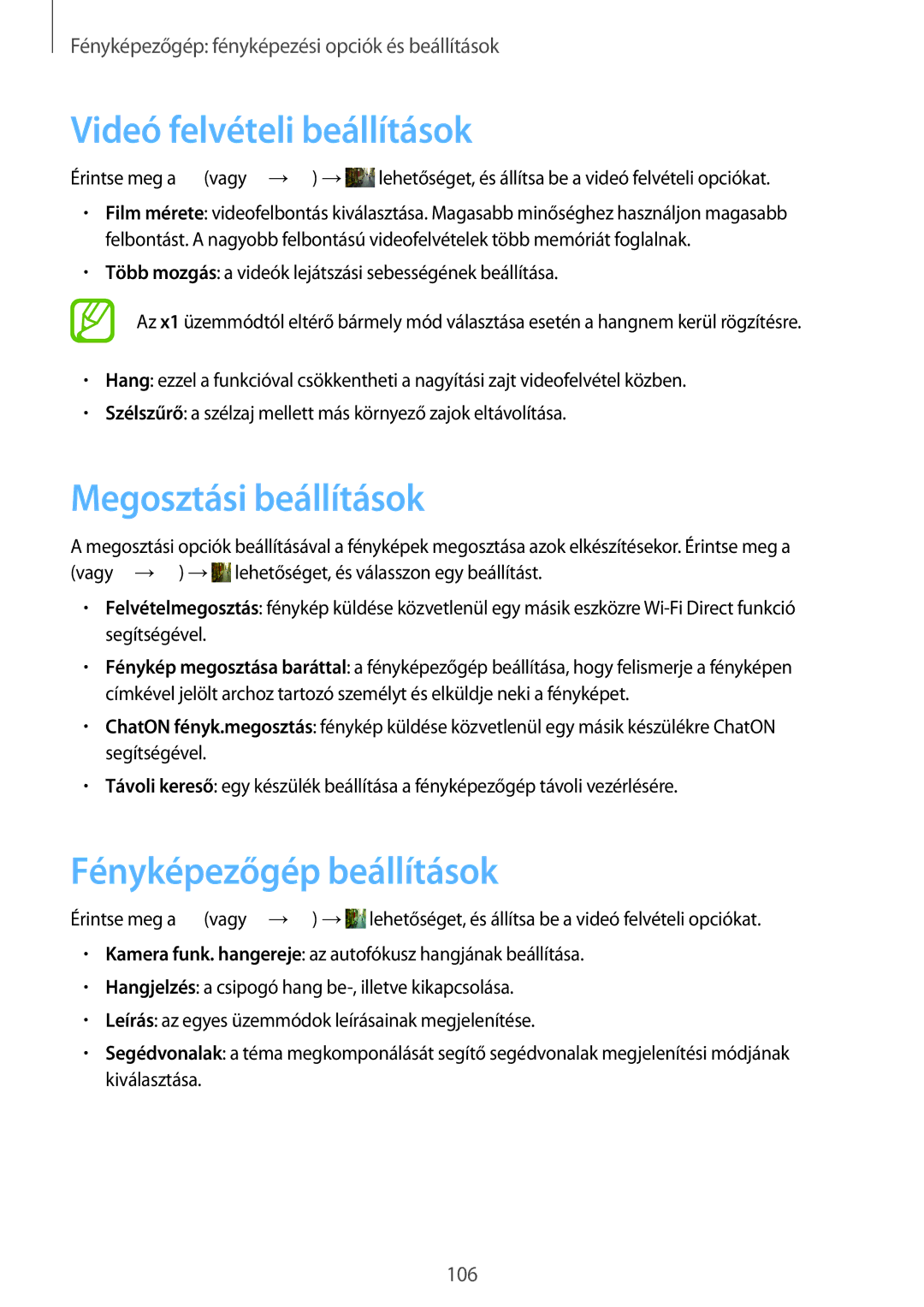 Samsung SM-C1010ZWAXEZ, SM-C1010ZWAEUR manual Videó felvételi beállítások, Megosztási beállítások, Fényképezőgép beállítások 