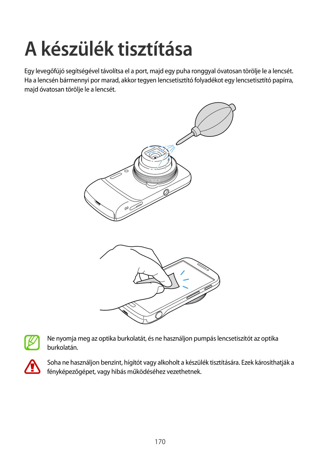 Samsung SM-C1010ZWAEUR, SM-C1010ZWADBT, SM-C1010ZWABGL, SM-C1010ZKAATO, SM-C1010ZKAXEZ manual Készülék tisztítása, 170 