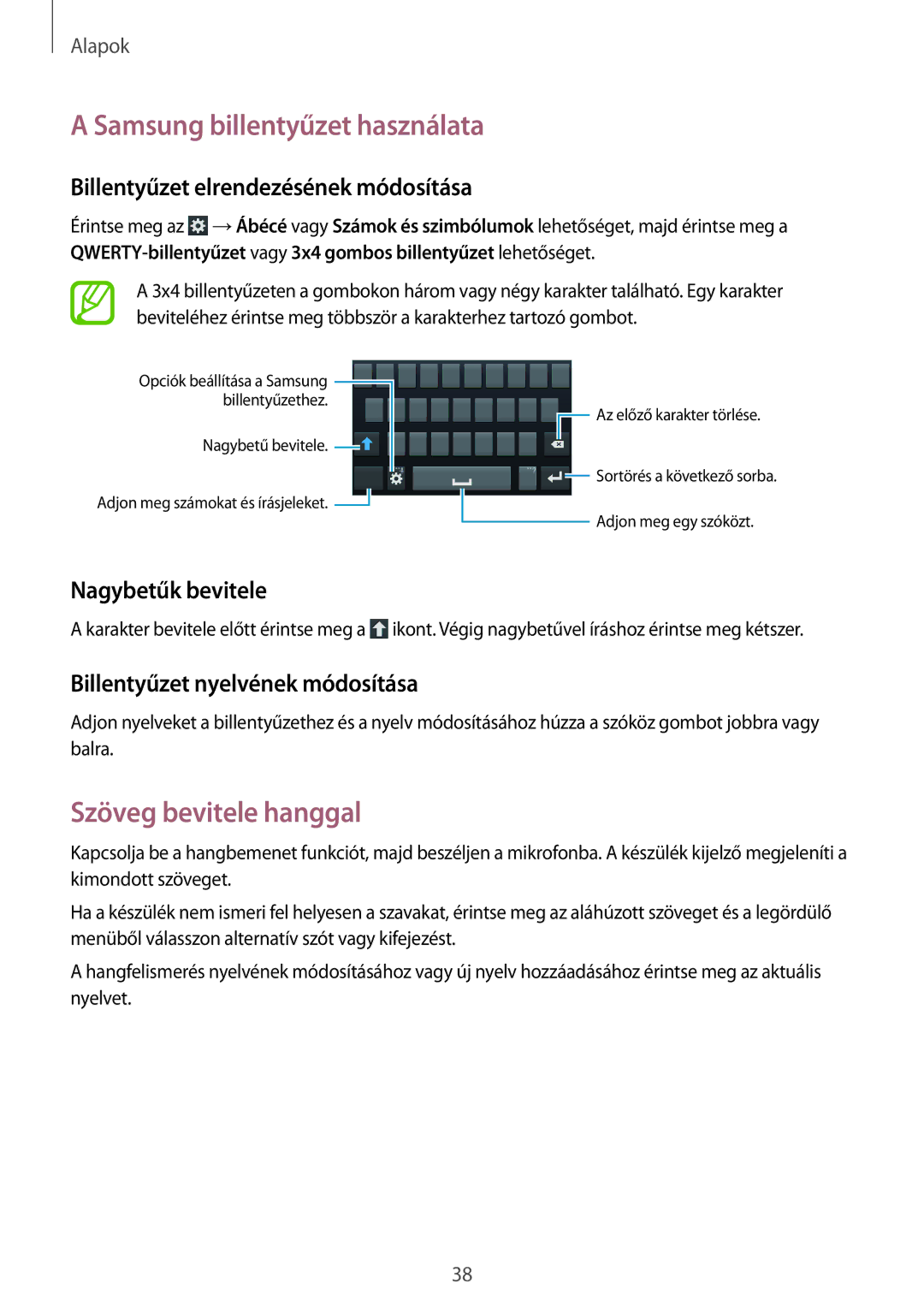 Samsung SM-C1010ZKAXEH Samsung billentyűzet használata, Szöveg bevitele hanggal, Billentyűzet elrendezésének módosítása 