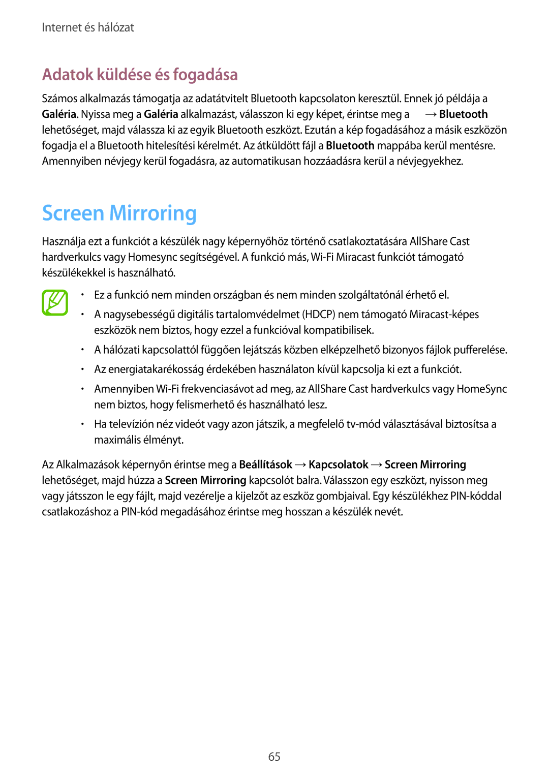 Samsung SM-C1010ZWAATO, SM-C1010ZWAEUR, SM-C1010ZWADBT, SM-C1010ZWABGL manual Screen Mirroring, Adatok küldése és fogadása 