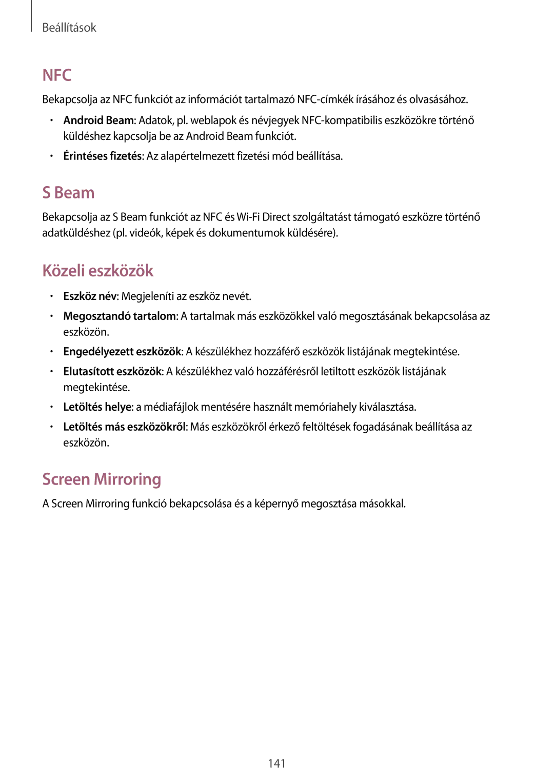 Samsung SM-C1010ZWADBT, SM-C1010ZWAEUR, SM-C1010ZWABGL, SM-C1010ZKAATO manual Beam, Közeli eszközök, Screen Mirroring 