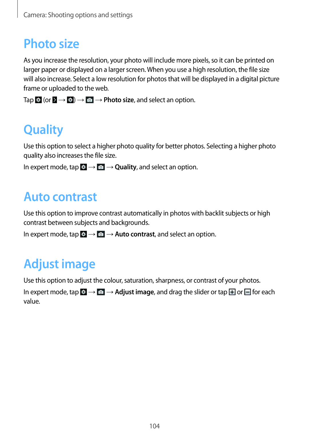 Samsung SM-C1010ZWANEE, SM-C1010ZWAEUR, SM-C1010ZWAXEO, SM-C1010ZKADBT manual Photo size, Quality, Auto contrast, Adjust image 