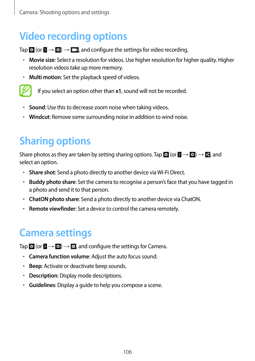 Samsung SM-C1010ZWASEB, SM-C1010ZWAEUR, SM-C1010ZWAXEO manual Video recording options, Sharing options, Camera settings 