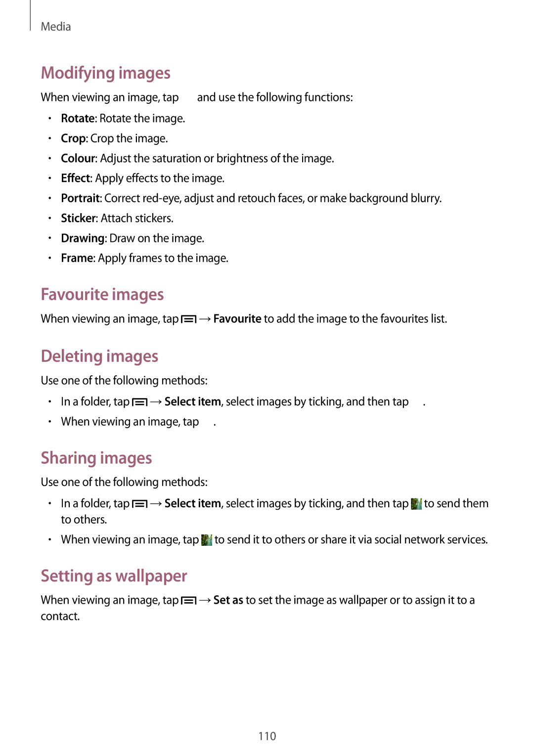 Samsung SM-C1010ZWAROM manual Modifying images, Favourite images, Deleting images, Sharing images, Setting as wallpaper 