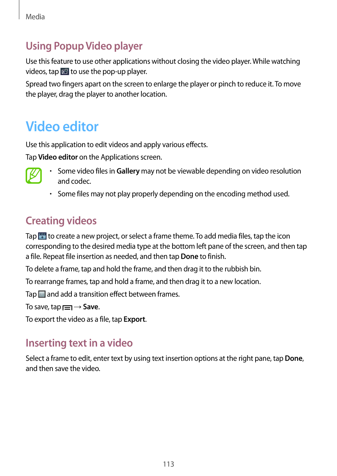 Samsung SM-C1010ZWACAC, SM-C1010ZWAEUR Video editor, Using Popup Video player, Creating videos, Inserting text in a video 