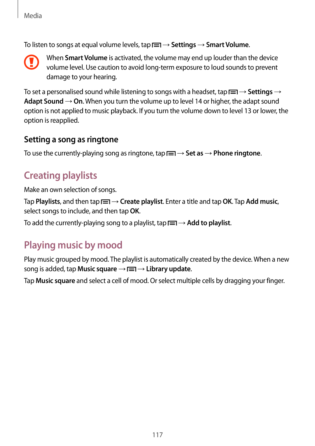 Samsung SM-C1010ZWAEUR, SM-C1010ZWAXEO manual Creating playlists, Playing music by mood, Setting a song as ringtone 