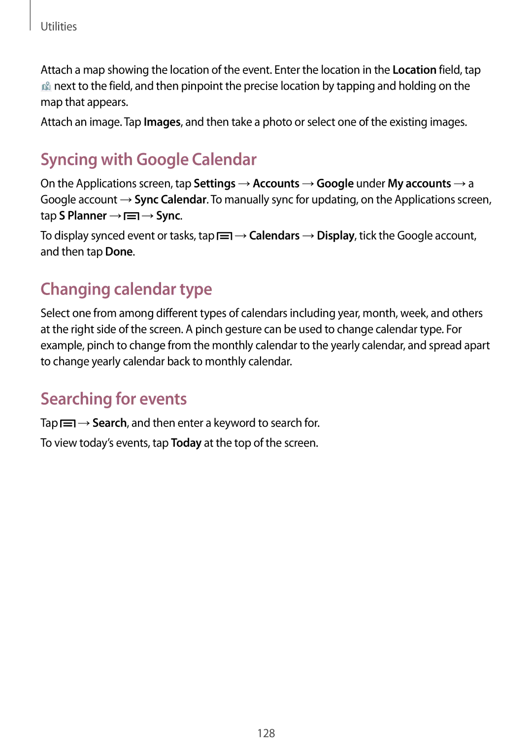 Samsung SM-C1010ZWAITV, SM-C1010ZWAEUR manual Syncing with Google Calendar, Changing calendar type, Searching for events 