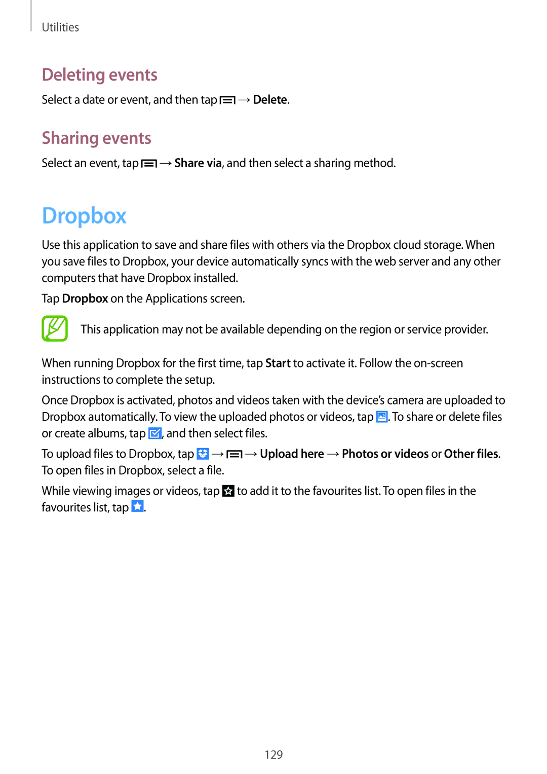 Samsung SM-C1010ZKAPHE, SM-C1010ZWAEUR, SM-C1010ZWAXEO, SM-C1010ZKADBT manual Dropbox, Deleting events, Sharing events 