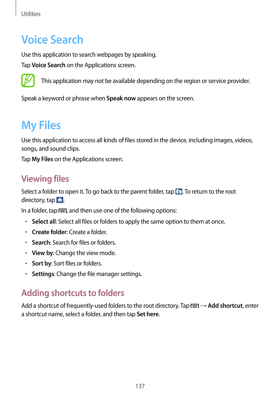 Samsung SM-C1010ZKAATO, SM-C1010ZWAEUR, SM-C1010ZWAXEO Voice Search, My Files, Viewing files, Adding shortcuts to folders 