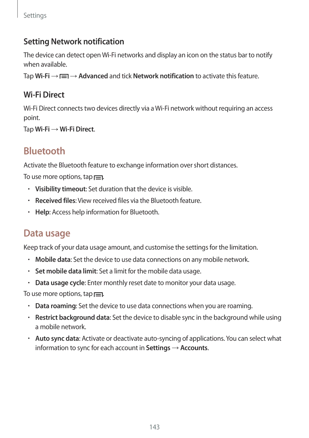 Samsung SM-C1010ZWANEE, SM-C1010ZWAEUR Bluetooth, Data usage, Setting Network notification, Tap Wi-Fi →Wi-Fi Direct 