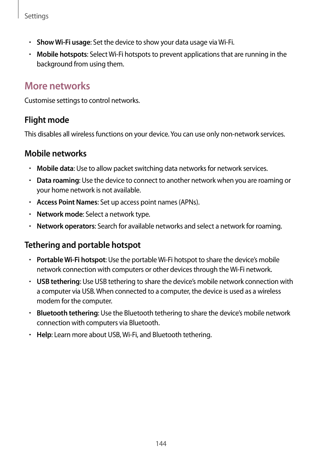 Samsung SM-C1010ZKANEE, SM-C1010ZWAEUR manual More networks, Flight mode, Mobile networks, Tethering and portable hotspot 