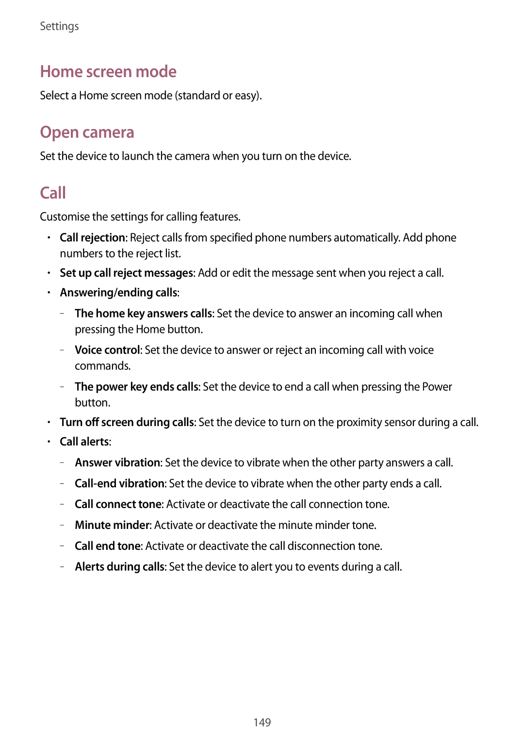 Samsung SM-C1010ZWAROM, SM-C1010ZWAEUR manual Home screen mode, Open camera, Answering/ending calls, Call alerts 