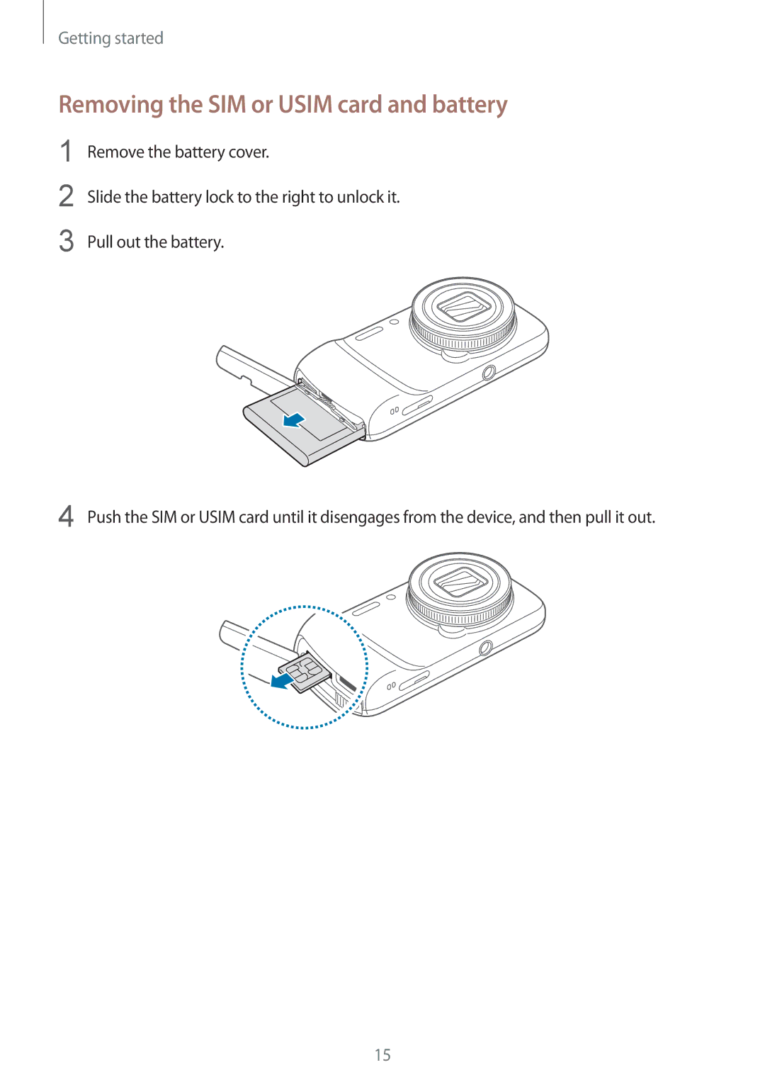 Samsung SM-C1010ZKAKSA, SM-C1010ZWAEUR, SM-C1010ZWAXEO, SM-C1010ZKADBT manual Removing the SIM or Usim card and battery 