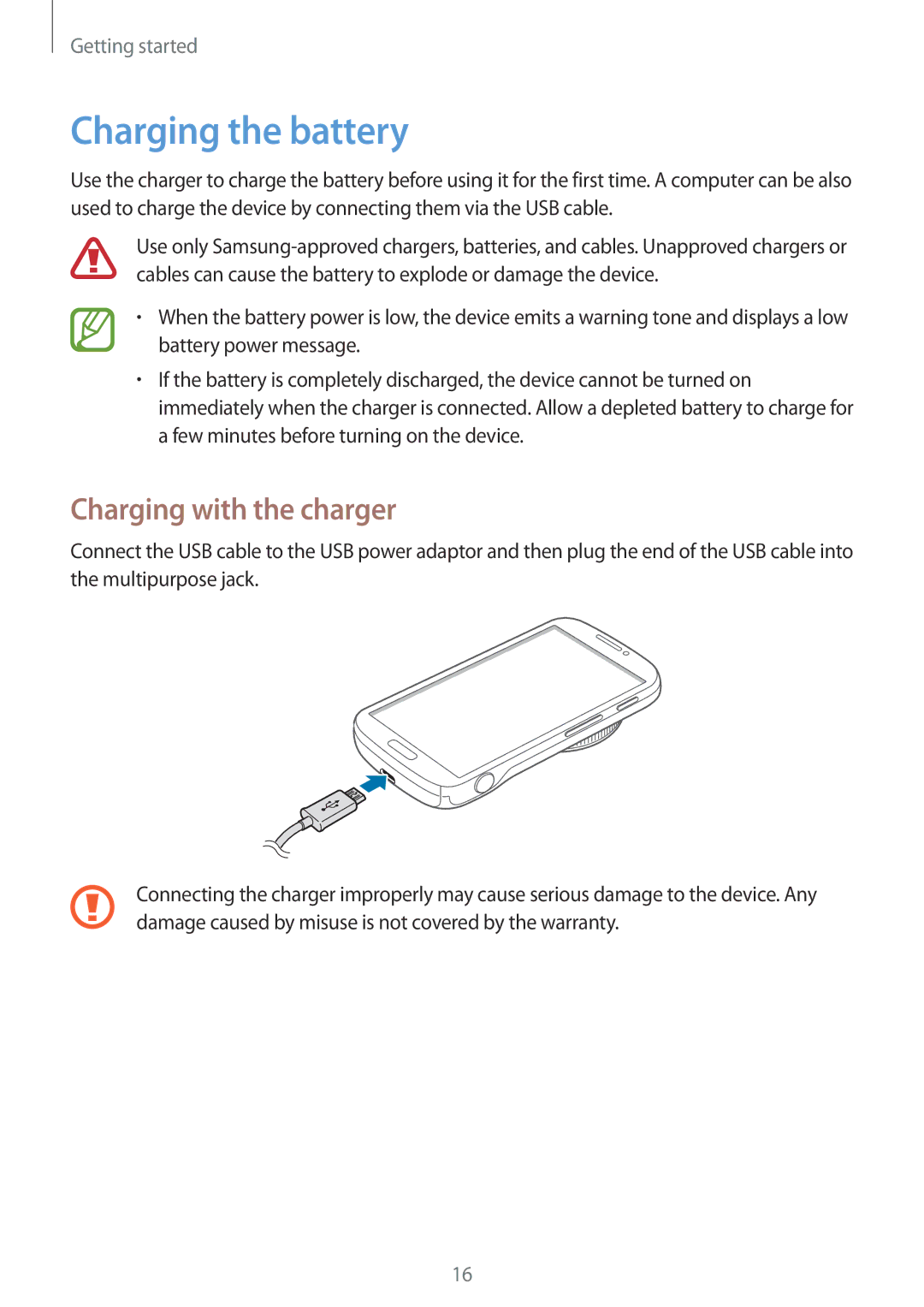 Samsung SM-C1010ZKAXEV, SM-C1010ZWAEUR, SM-C1010ZWAXEO, SM-C1010ZKADBT manual Charging the battery, Charging with the charger 