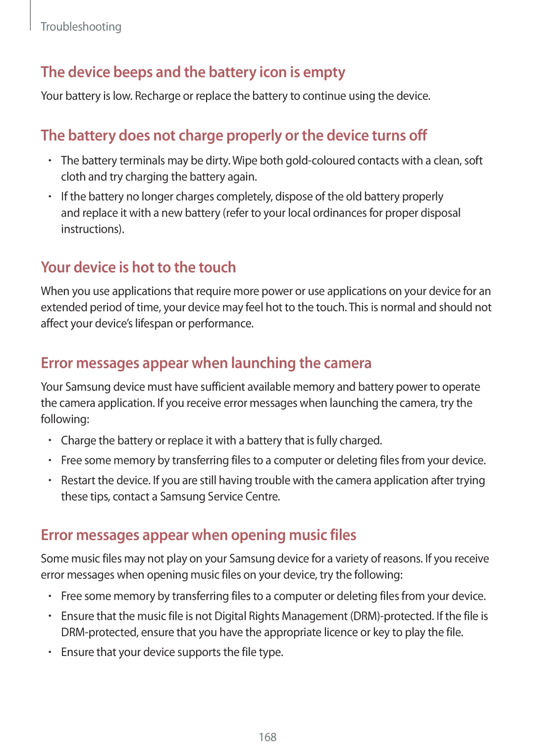 Samsung SM-C1010ZKAPHE, SM-C1010ZWAEUR, SM-C1010ZWAXEO, SM-C1010ZKADBT manual Device beeps and the battery icon is empty 