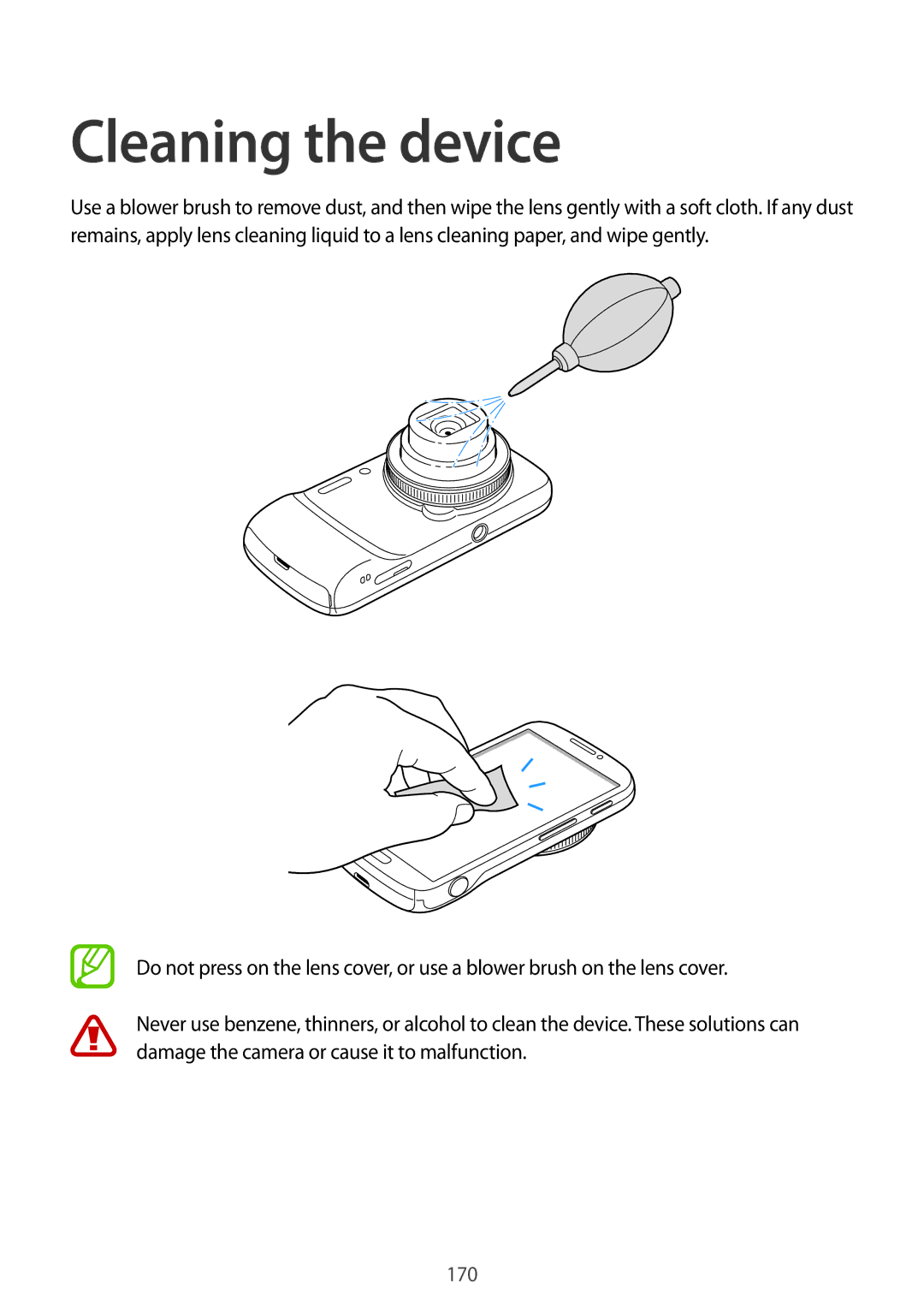 Samsung SM-C1010ZWAKSA, SM-C1010ZWAEUR, SM-C1010ZWAXEO, SM-C1010ZKADBT, SM-C1010ZWADBT manual Cleaning the device, 170 