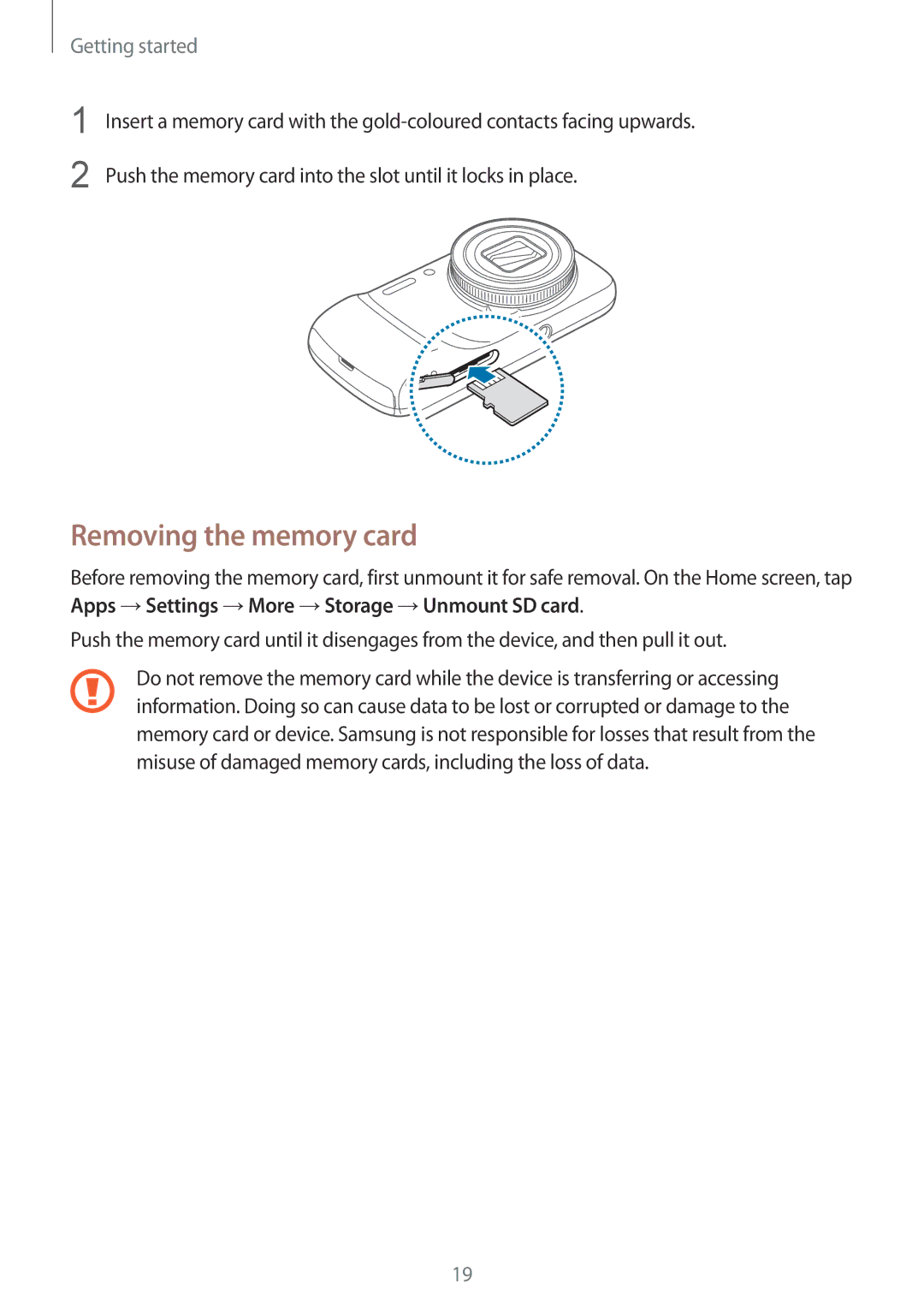 Samsung SM-C1010ZWABGL, SM-C1010ZWAEUR, SM-C1010ZWAXEO, SM-C1010ZKADBT, SM-C1010ZWADBT manual Removing the memory card 