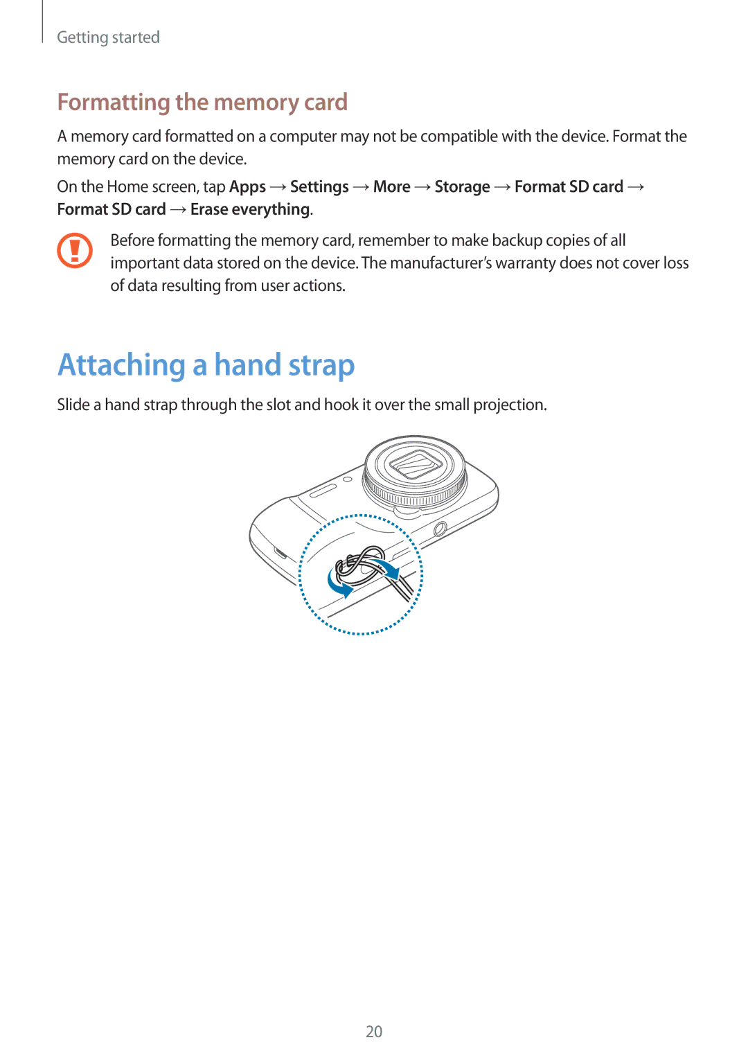 Samsung SM-C1010ZKAATO, SM-C1010ZWAEUR, SM-C1010ZWAXEO, SM-C1010ZKADBT Attaching a hand strap, Formatting the memory card 