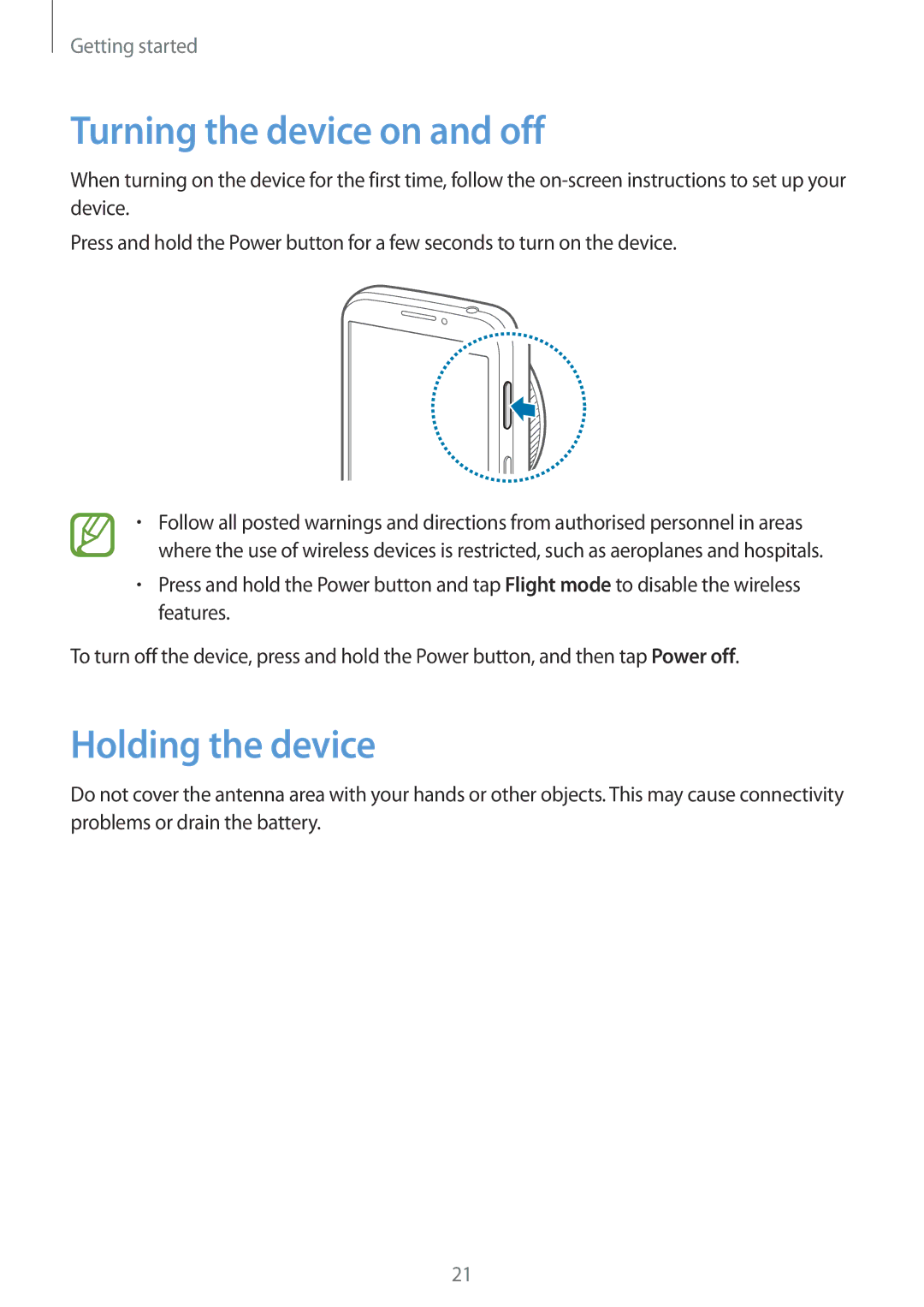 Samsung SM-C1010ZKAXEZ, SM-C1010ZWAEUR, SM-C1010ZWAXEO, SM-C1010ZKADBT Turning the device on and off, Holding the device 