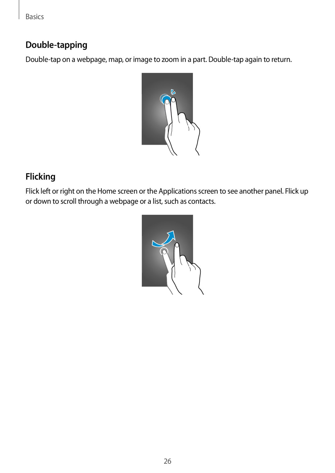 Samsung SM-C1010ZWANEE, SM-C1010ZWAEUR, SM-C1010ZWAXEO, SM-C1010ZKADBT, SM-C1010ZWADBT manual Double-tapping, Flicking 