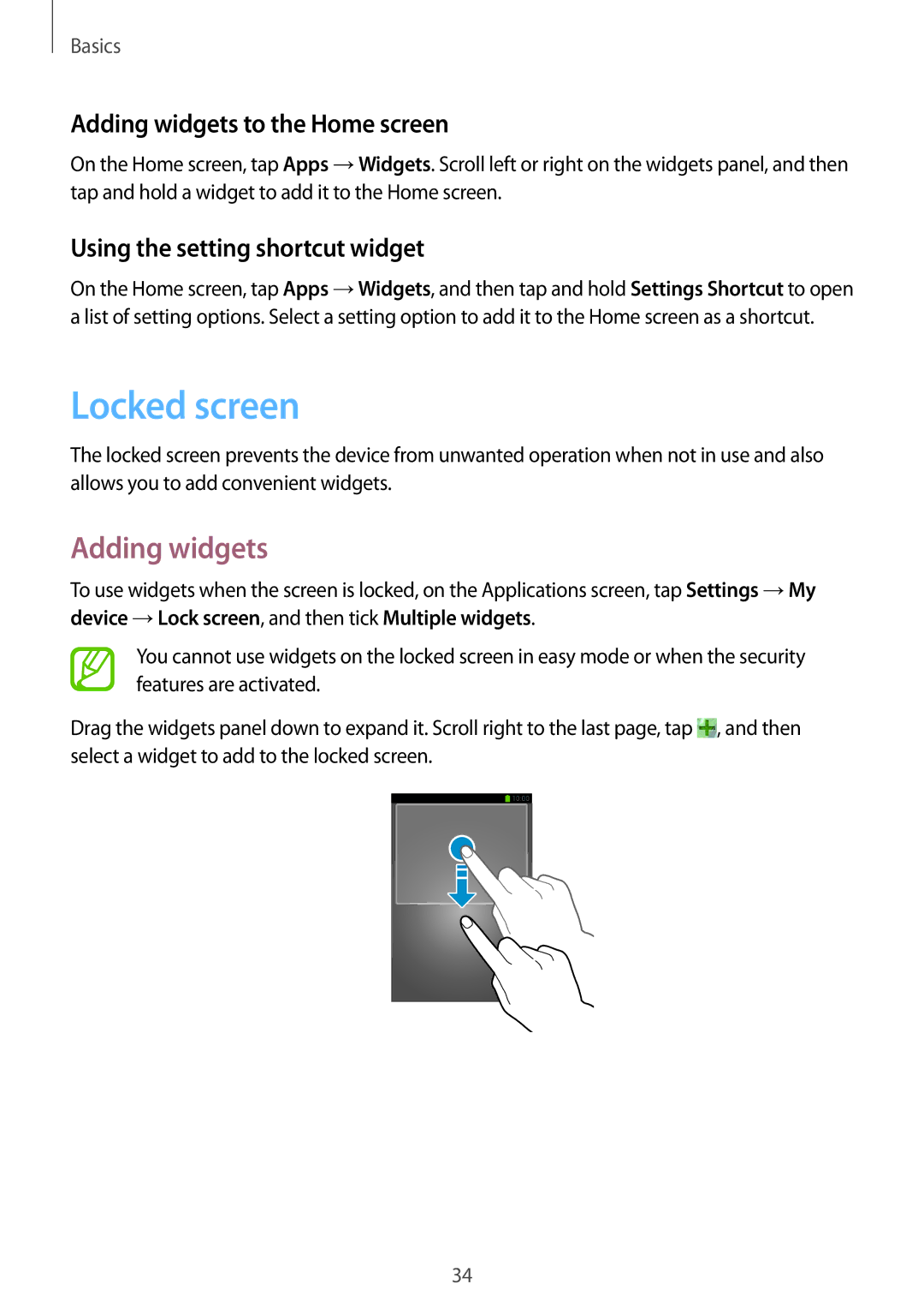 Samsung SM-C1010ZKACAC manual Locked screen, Adding widgets to the Home screen, Using the setting shortcut widget 