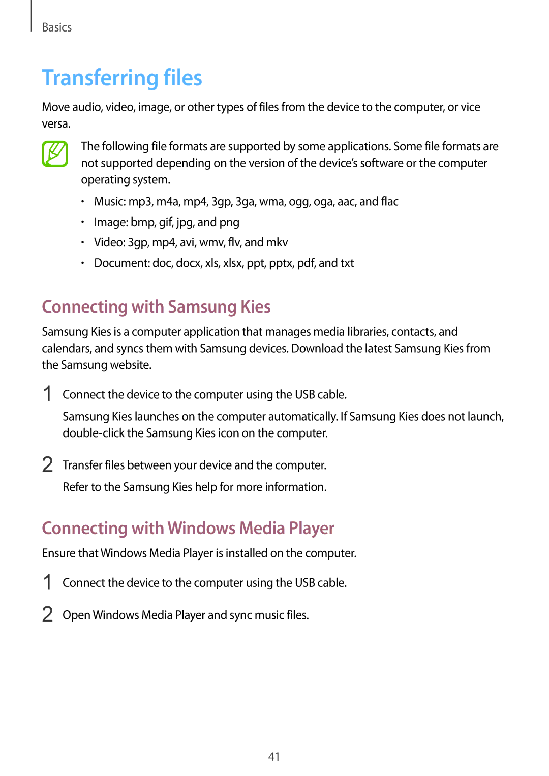 Samsung SM-C1010ZKADBT manual Transferring files, Connecting with Samsung Kies, Connecting with Windows Media Player 