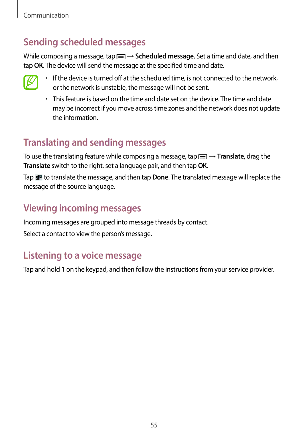 Samsung SM-C1010ZKAXEV manual Sending scheduled messages, Translating and sending messages, Viewing incoming messages 