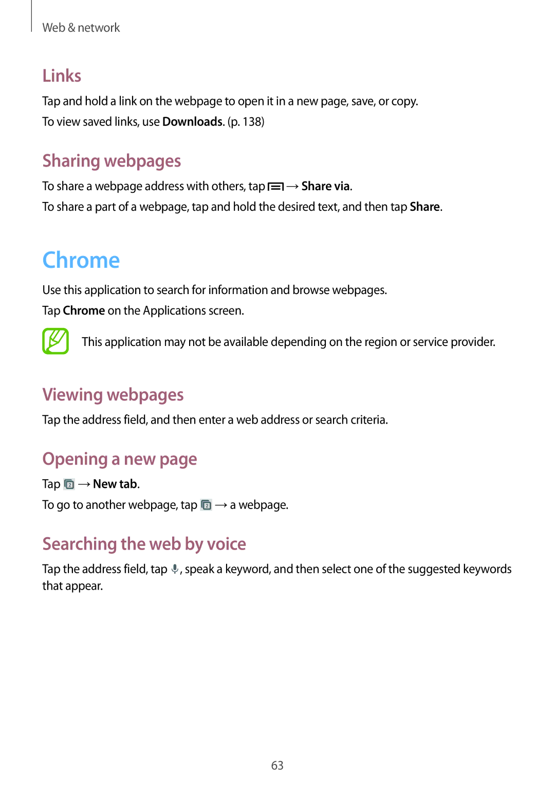 Samsung SM-C1010ZWAXSK, SM-C1010ZWAEUR manual Chrome, Links, Sharing webpages, Searching the web by voice, Tap →New tab 