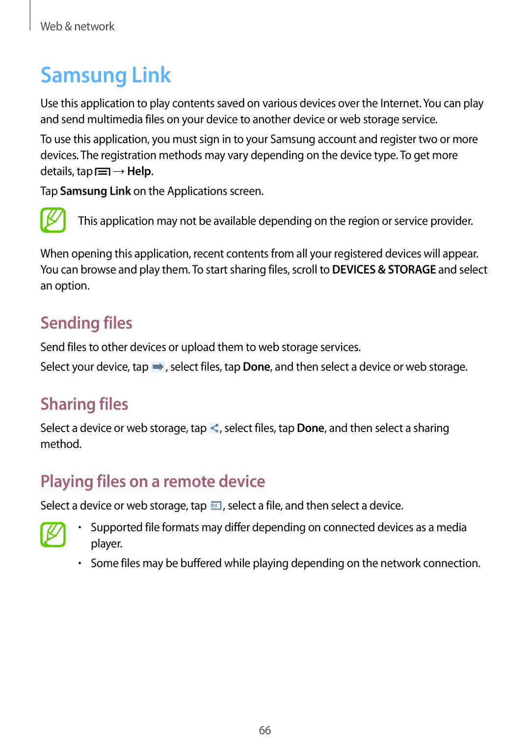Samsung SM-C1010ZKANEE, SM-C1010ZWAEUR manual Samsung Link, Sending files, Sharing files, Playing files on a remote device 